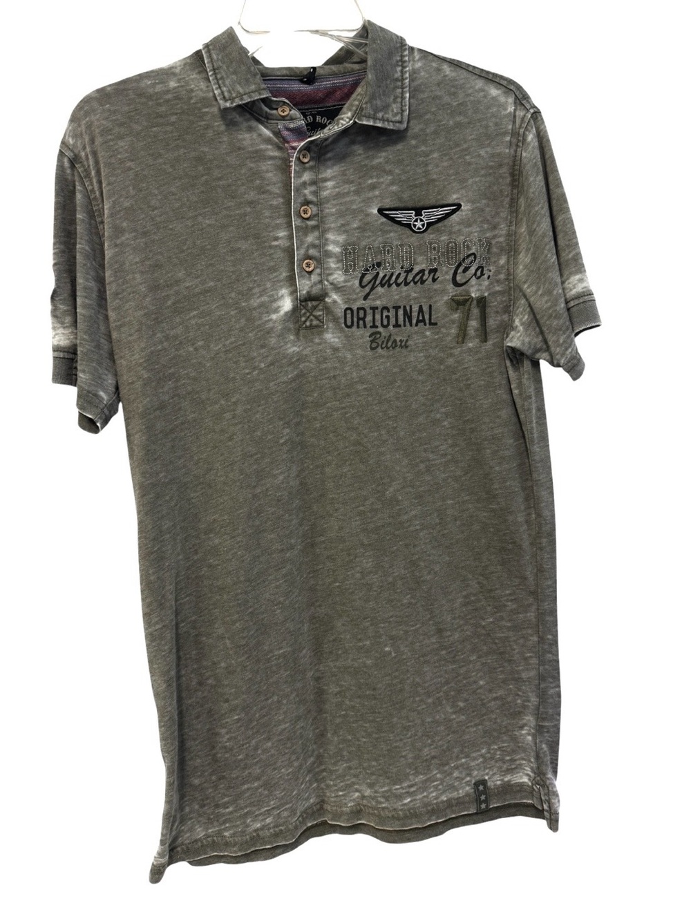 Hard Rock Men’s Guitar Biloxi Distressed Olive Polo Shirt Small